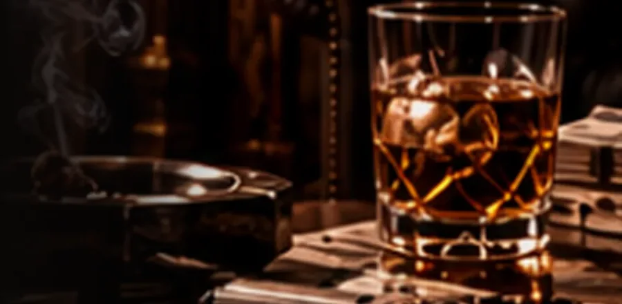 Bicchiere di whisky, sigaro acceso nel posacenere e mazzette di banconote su un tavolo scuro
